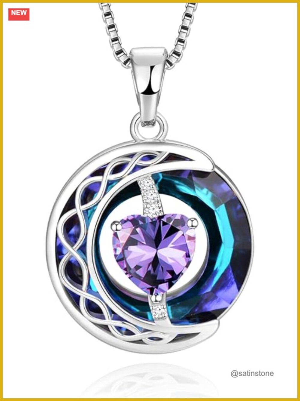 Blue Sapphire Moon Pendant Necklace S925 Sterling Silver Crystal Jewelry